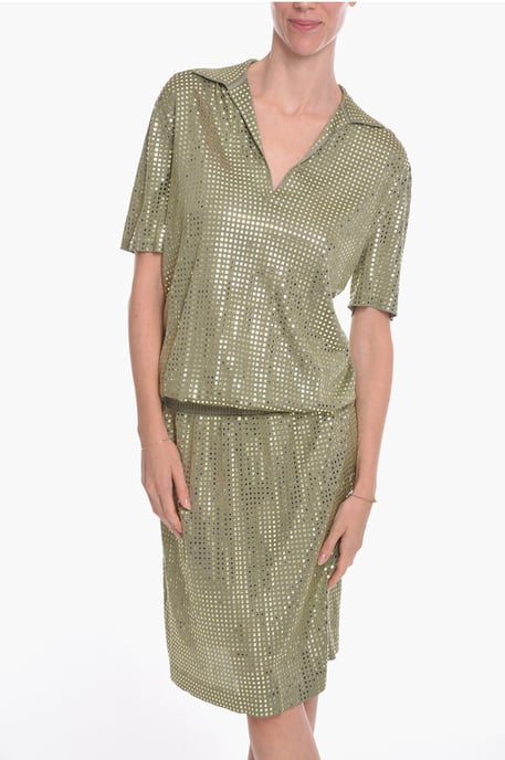 Seidenstrick-Midikleid mit verspiegelten Nieten in Grün - Image 4