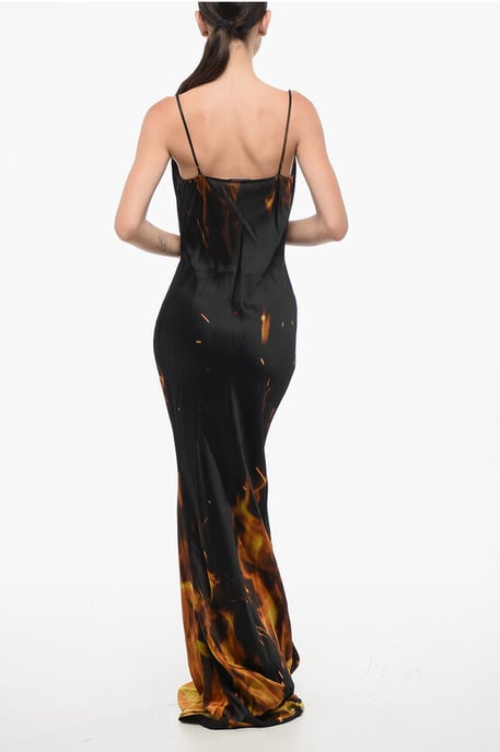 Langes Satinkleid mit Flammendruck in Arancio, Nero - Image 2