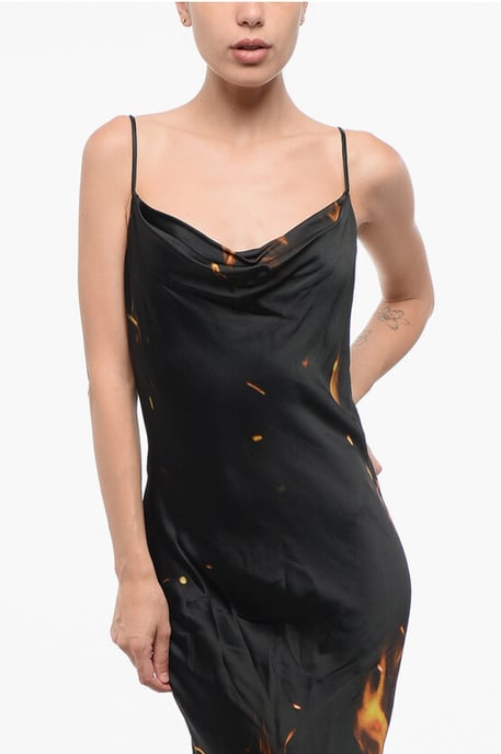 Langes Satinkleid mit Flammendruck in Arancio, Nero - Image 3