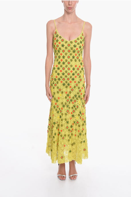 Ausgestelltes Kleid aus Viskose-Häkelarbeit mit perlenbesetztem Blumenmotiv in Grün - Image 1