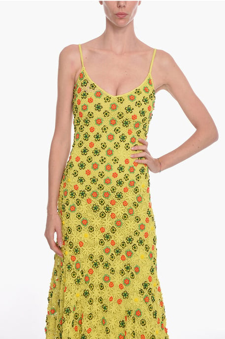 Ausgestelltes Kleid aus Viskose-Häkelarbeit mit perlenbesetztem Blumenmotiv in Grün - Image 4