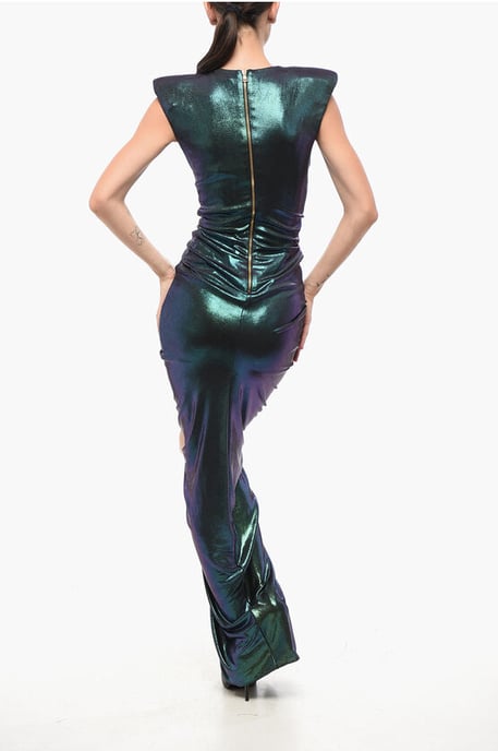 Langes, drapiertes Kleid mit schillerndem Effekt und Schlitz vorne in Mehrfarbig - Image 2