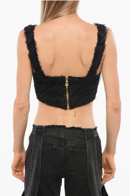 Einfarbiges, mit Pailletten verziertes Crop-Top in Schwarz - Image 2