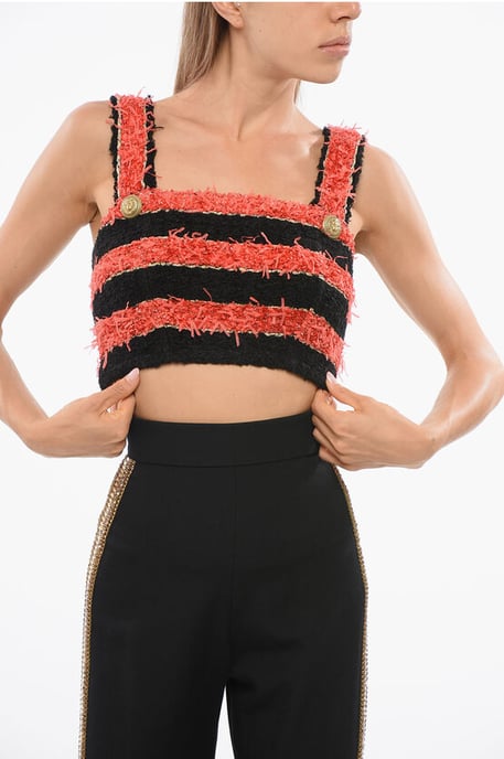 Zweifarbig gestreiftes Tweed-Crop-Top in Nero, Rosso - Image 1