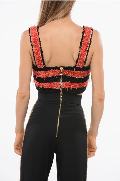 Zweifarbig gestreiftes Tweed-Crop-Top in Nero, Rosso - Image 2
