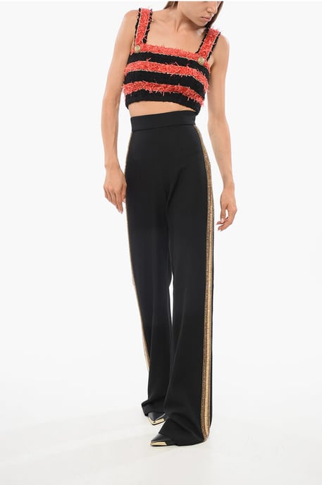 Zweifarbig gestreiftes Tweed-Crop-Top in Nero, Rosso - Image 4