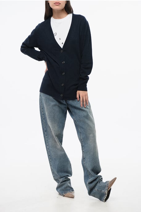 Einfarbige Strickjacke aus Wolle und Nylon mit V-Ausschnitt in Blau - Image 4