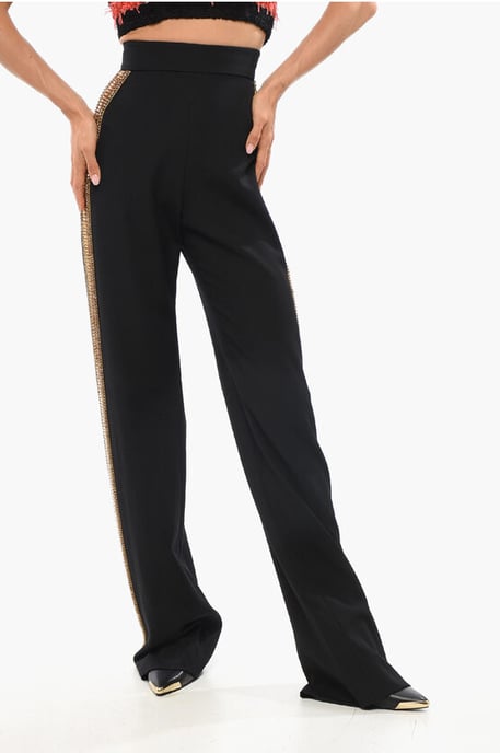 Hoch taillierte Wollhose mit juwelenverzierten Seitenbändern in Schwarz - Image 1