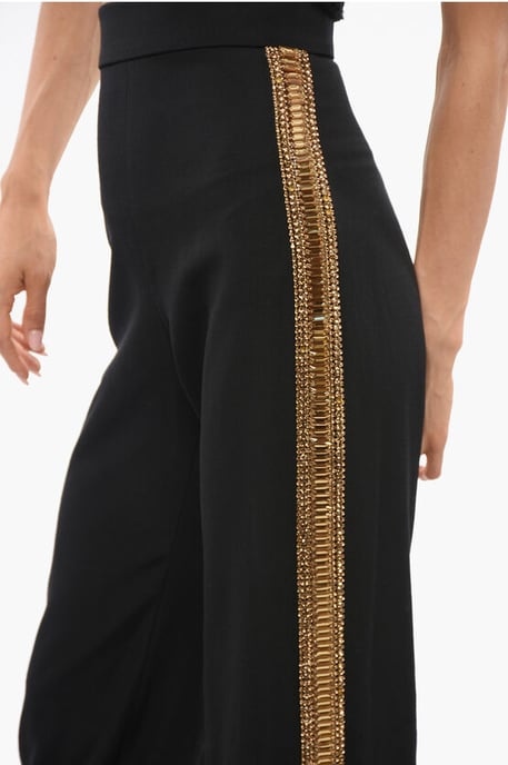 Hoch taillierte Wollhose mit juwelenverzierten Seitenbändern in Schwarz - Image 3