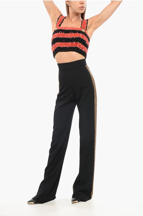 Hoch taillierte Wollhose mit juwelenverzierten Seitenbändern in Schwarz - Image 4