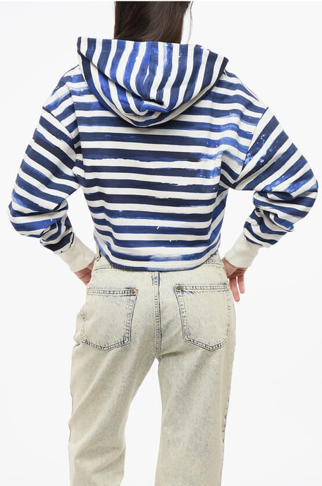 Zweifarbig gestreifter Cropped Hoodie mit Herz-Print in Bianco, Blu - Image 2