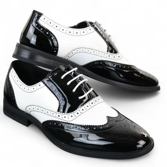 Herren Lack Schnürschuhe Schwarz Weiß Brogues Elegante Abendschuhe - Image 3