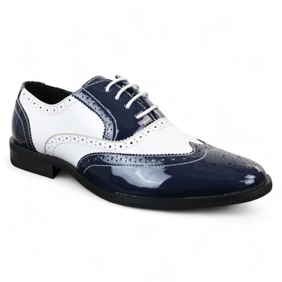 Herren Lack Schnürschuhe Marineblau Weiß Brogues Elegante Abendschuhe - Image 3