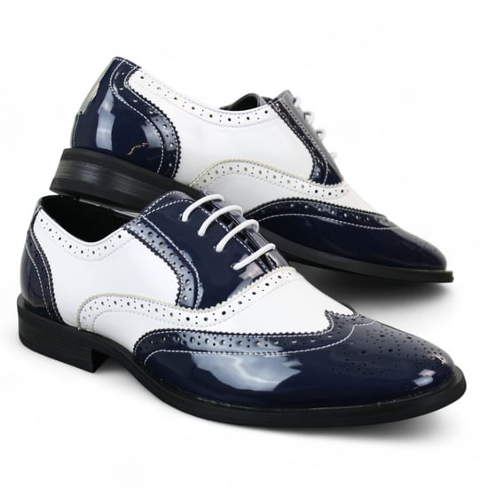 Herren Lack Schnürschuhe Marineblau Weiß Brogues Elegante Abendschuhe - Image 4