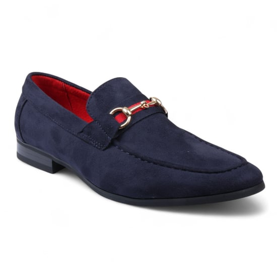 Herren-Loafer aus Wildleder in Marineblau mit goldener Schnalle, Slip-On-Abendschuhe - Image 3