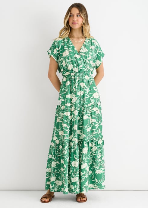 Grünes Maxikleid mit Blumenmuster und elastischem Bund - Image 1