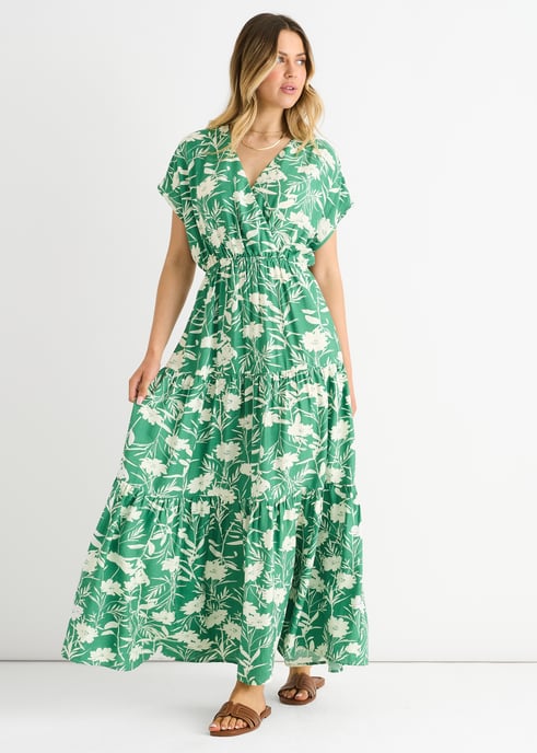 Grünes Maxikleid mit Blumenmuster und elastischem Bund - Image 3