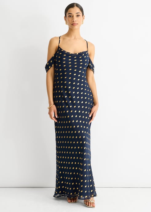 Marineblaues Maxikleid mit Wasserfallausschnitt und überschnittenen Ärmeln - Image 1