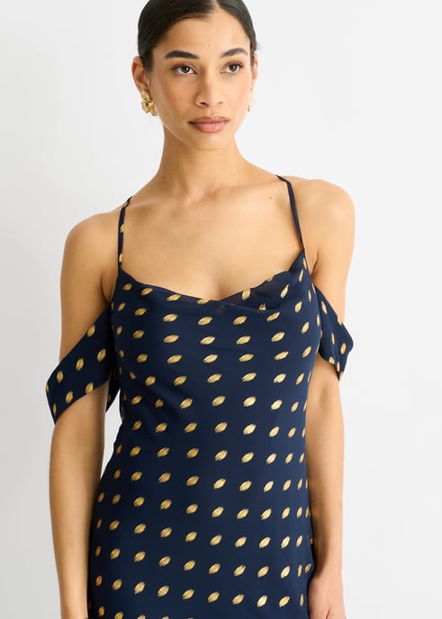 Marineblaues Maxikleid mit Wasserfallausschnitt und überschnittenen Ärmeln - Image 2
