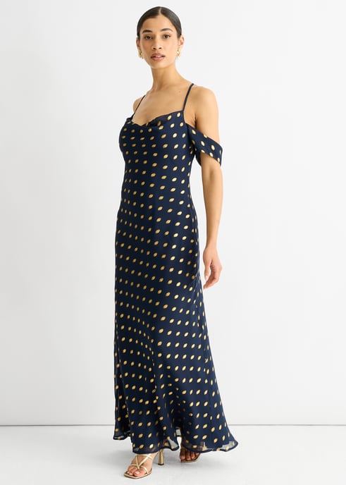 Marineblaues Maxikleid mit Wasserfallausschnitt und überschnittenen Ärmeln - Image 3