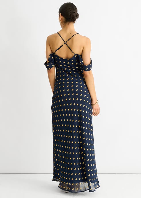 Marineblaues Maxikleid mit Wasserfallausschnitt und überschnittenen Ärmeln - Image 4
