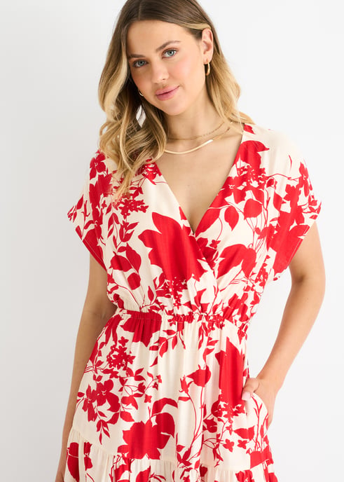 Rotes Maxikleid mit Blumenmuster und elastischem Bund - Image 2