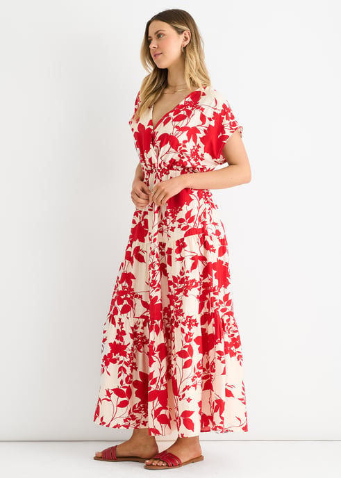 Rotes Maxikleid mit Blumenmuster und elastischem Bund - Image 3
