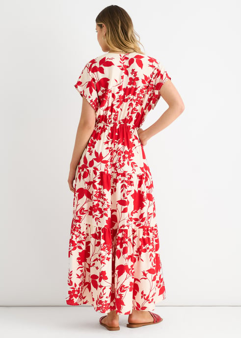 Rotes Maxikleid mit Blumenmuster und elastischem Bund - Image 4