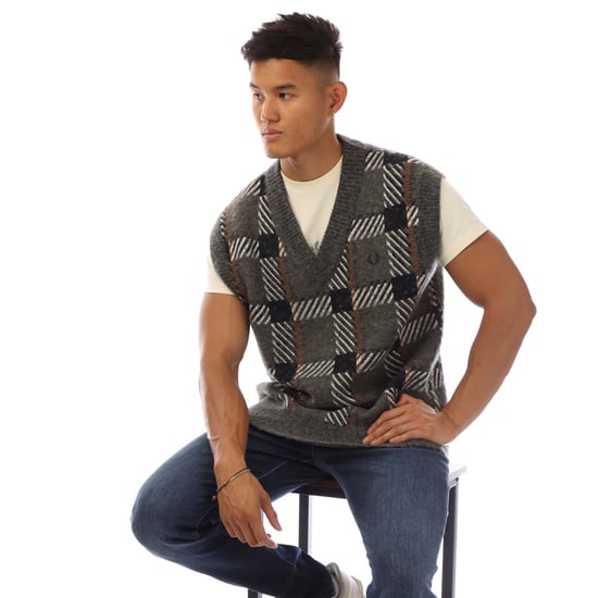 Herren Fred Perry Glitch Tartanmuster Strick-Top in Grau - Image 4