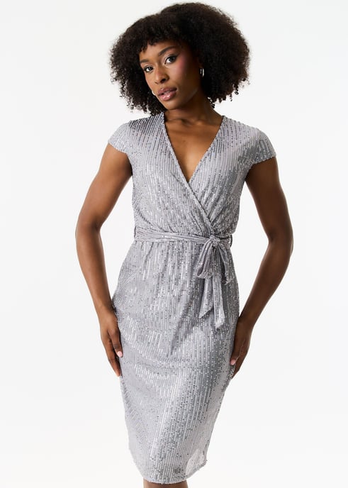 Paillettenkleid mit elastischer Taille und Wickelgürtel aus Gun Metal - Image 1