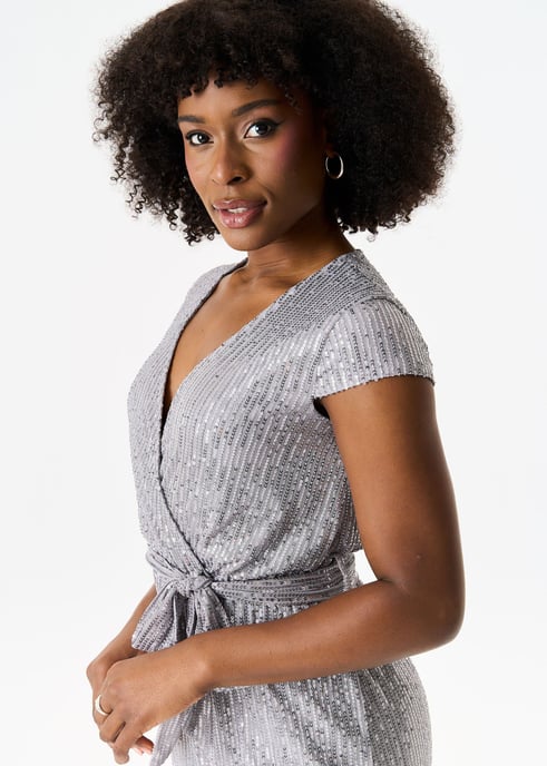 Paillettenkleid mit elastischer Taille und Wickelgürtel aus Gun Metal - Image 2