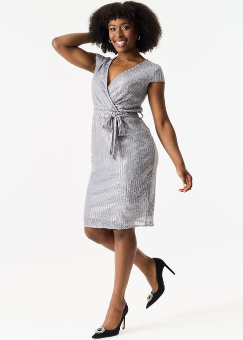 Paillettenkleid mit elastischer Taille und Wickelgürtel aus Gun Metal - Image 3
