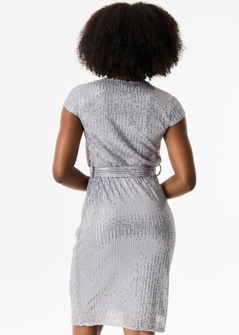 Paillettenkleid mit elastischer Taille und Wickelgürtel aus Gun Metal - Image 4