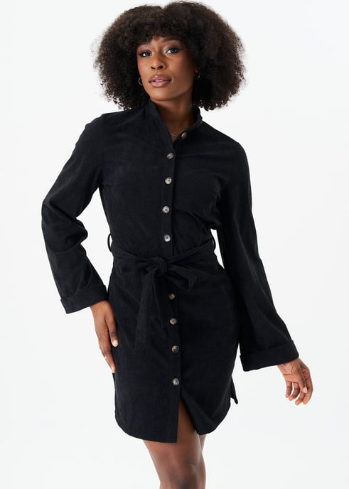 Schwarzes Cord-Hemdkleid mit Knopfleiste und Gürtel - Image 1