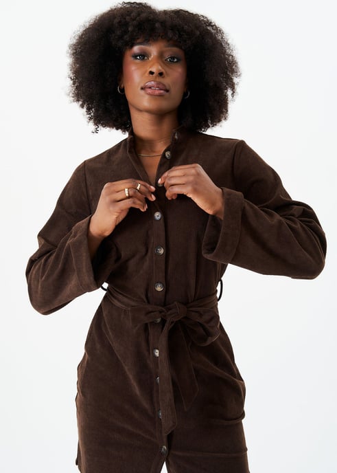 Braunes Cord-Hemdkleid mit Knopfleiste und Gürtel - Image 2