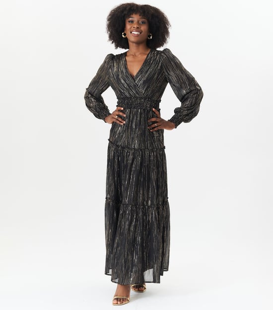 Schwarz Lurex Chiffon Anlass gestaffelt Maxi Dres - Image 1