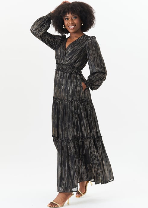 Schwarz Lurex Chiffon Anlass gestaffelt Maxi Dres - Image 3