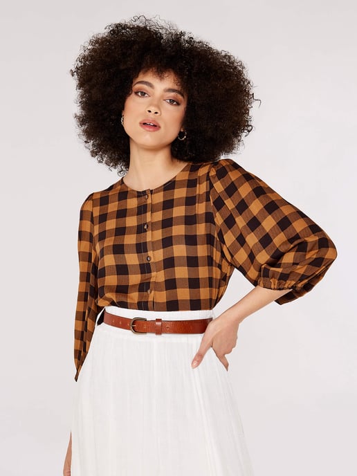 Apricot Bluse mit Ballonärmeln im Gingham-Karo - Image 3