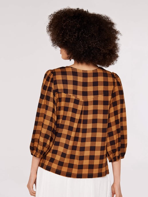 Apricot Bluse mit Ballonärmeln im Gingham-Karo - Image 4