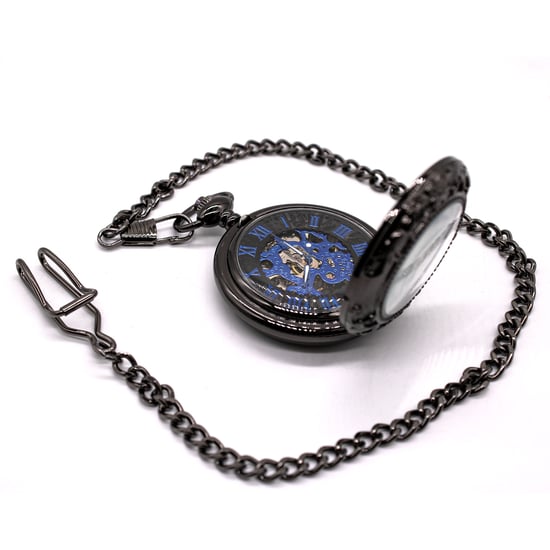Vinatage Taschenuhr mit Skelett-Halbjäger-Motiv, mechanisch, Legierung, Schwarz - Image 2
