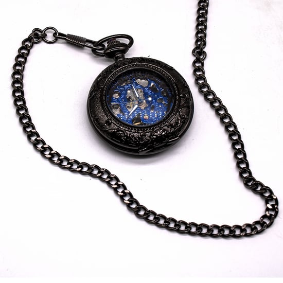 Vinatage Taschenuhr mit Skelett-Halbjäger-Motiv, mechanisch, Legierung, Schwarz - Image 3