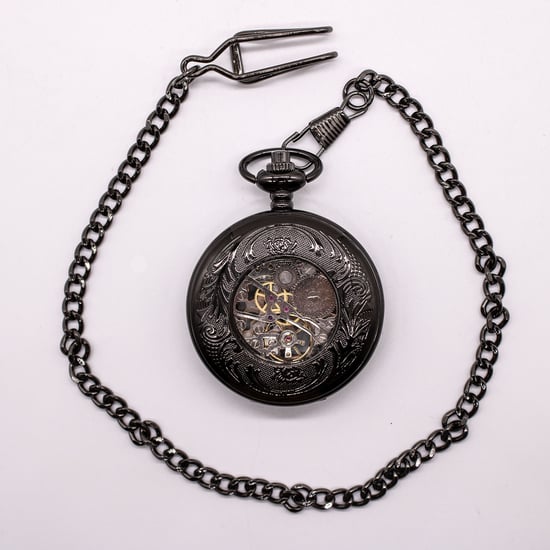 Vinatage Taschenuhr mit Skelett-Halbjäger-Motiv, mechanisch, Legierung, Schwarz - Image 4