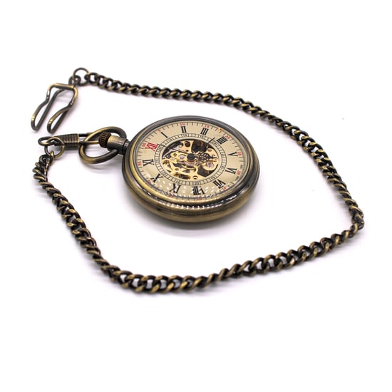 Mechanische Taschenuhr mit offenem Zifferblatt, Bronze, Skelett, Antik - Image 2