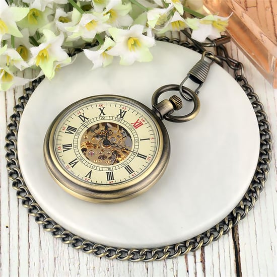 Mechanische Taschenuhr mit offenem Zifferblatt, Bronze, Skelett, Antik - Image 4