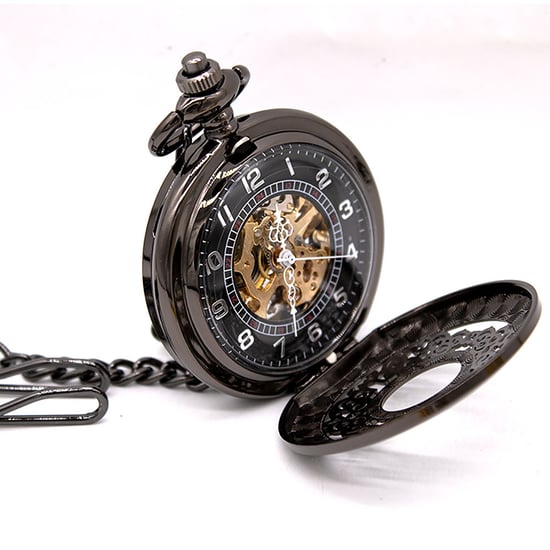 Taschenuhr mit Skelett-Halbjäger-Motiv, Messing, Antik-Optik, Schwarz - Image 2