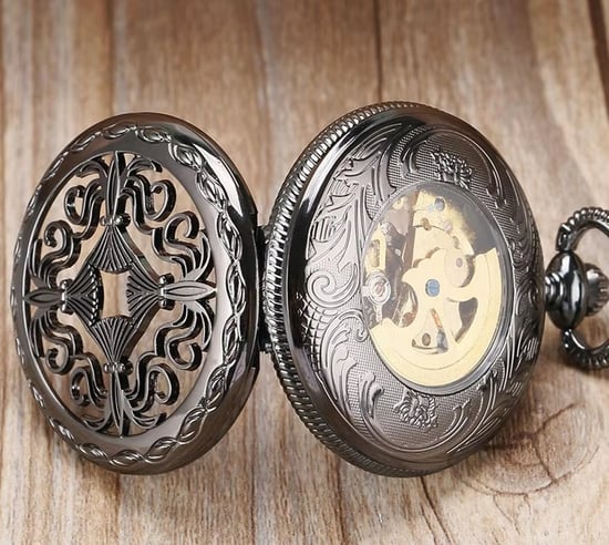 Taschenuhr mit Skelett-Halbjäger-Motiv, Messing, Antik-Optik, Schwarz - Image 3