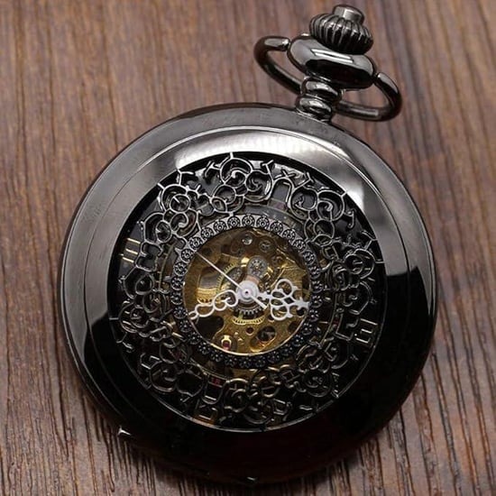 Taschenuhr mit Skelett-Halbjäger-Motiv, Messing, Antik-Optik, Schwarz - Image 4