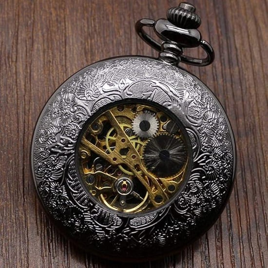 Taschenuhr mit Skelett-Halbjäger-Motiv, Messing, Antik-Optik, Schwarz - Image 5