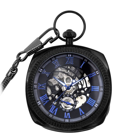 Mechanische schwarz-blaue Vintage-Skelett-Taschenuhr mit offenem Zifferblatt - Image 1