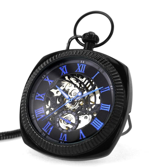 Mechanische schwarz-blaue Vintage-Skelett-Taschenuhr mit offenem Zifferblatt - Image 4